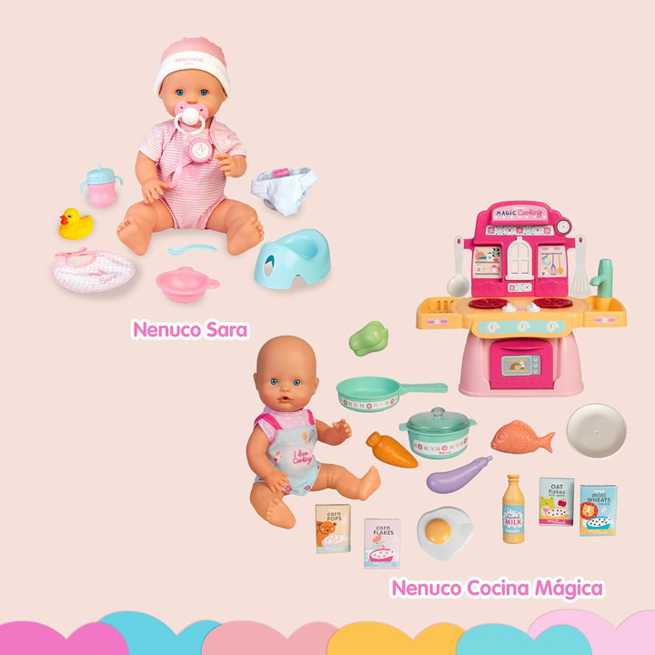 Nenuco Magische Küche, 30 cm grosse Puppe mit hartem Körper, inkl. 10 Zubehör zum Kochen und Mitnehm