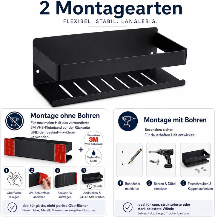 Duschablage Ohne Bohren Mattschwarz, Duschregal Wandmontage Badregal Duschkorb Edelstahl SUS304 Bade