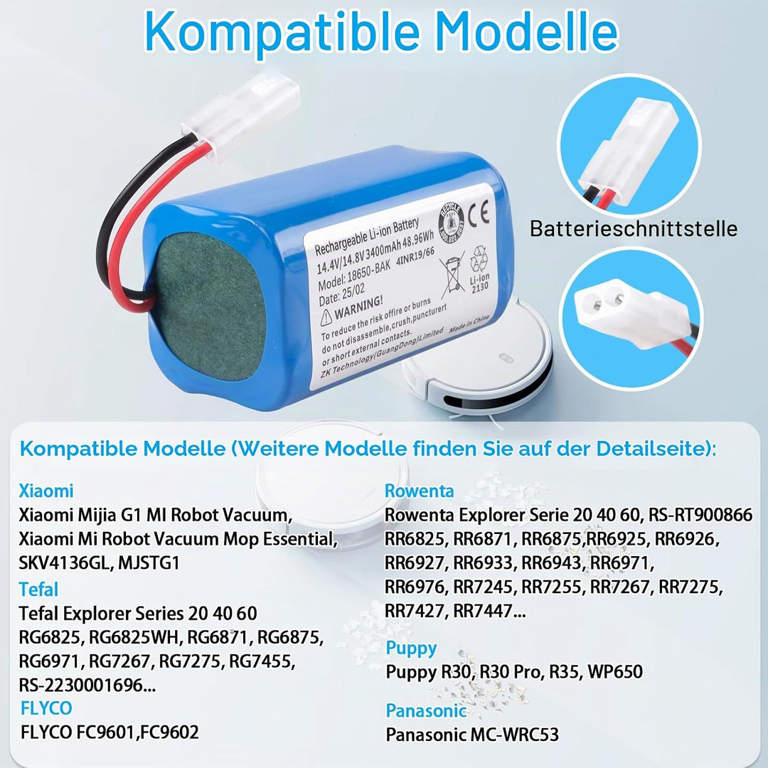 3400mAh Akku Kompatibel mit Xiaomi Mi G1, MJSTG1, H18650CH-4S1P, Robot Vacuum E12, Rowenta RS-RT9008