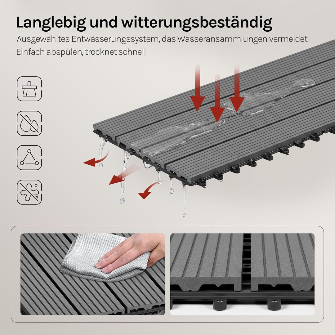 WOLTU WPC Fliese, Terrassenfliesen Holz-Optik, Bodenbelag mit Klicksystem, 30 x 60 cm, Hellgrau (12
