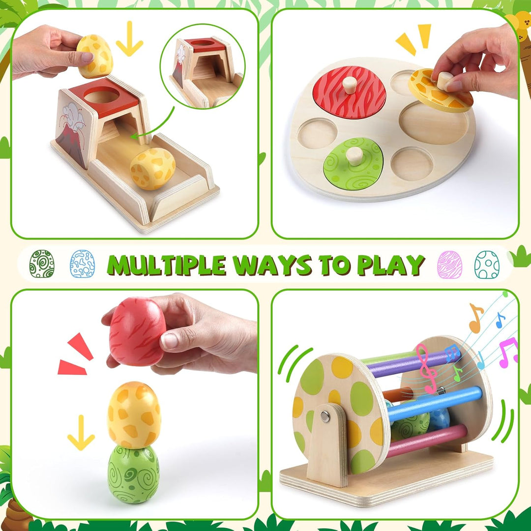 Montessori Holzspielzeug Baby Dinosaurier Ei Spielset ab 6 Monaten, Stapelt und Greifpuzzle, Spinnin