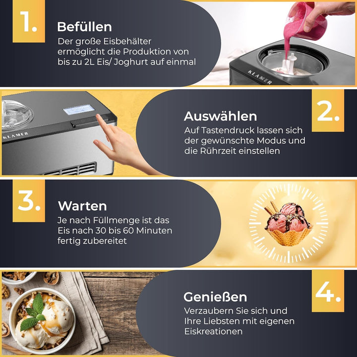 KLAMER 2-in-1 Eismaschine & Joghurtbereiter 2 L, 180 W Eiscrememaschine aus Edelstahl mit Kühl- und