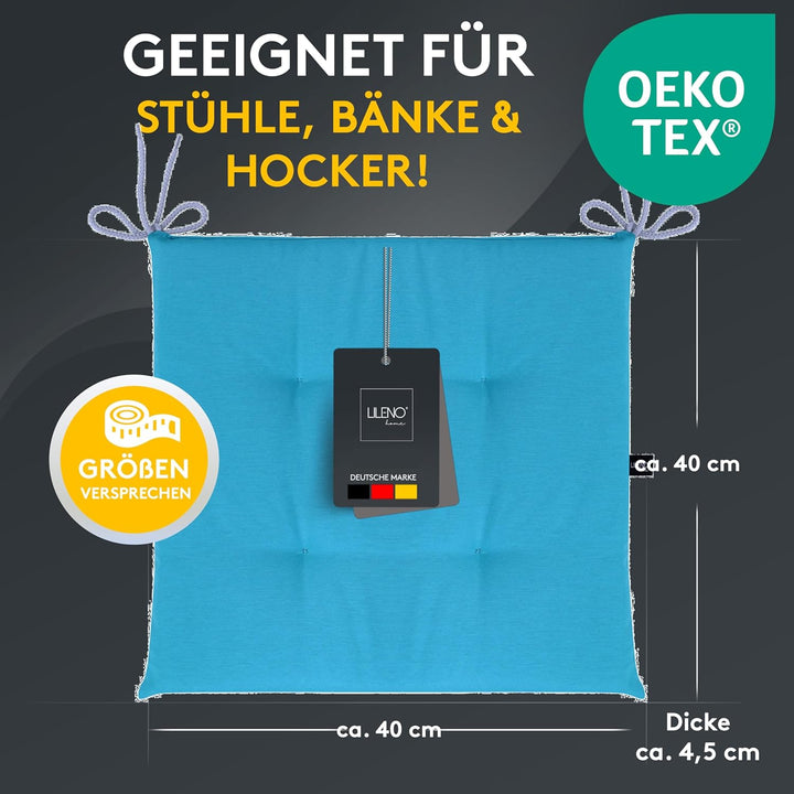 LILENO HOME 4er Set Stuhlkissen Aqua (40x40x4,5 cm) - Sitzkissen für Gartenstuhl, Küche oder Esszimm
