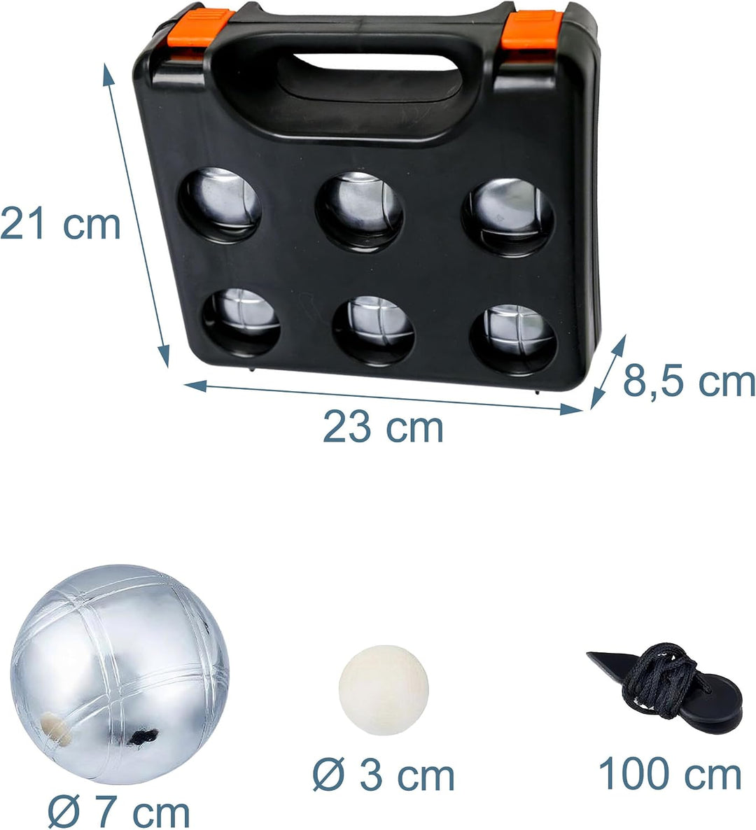 Relaxdays Boule Kugeln, 6 Stahlkugeln, Set mit Zielkugel, Abstandsmesser &amp; Koffer, Boccia Spiel, sch