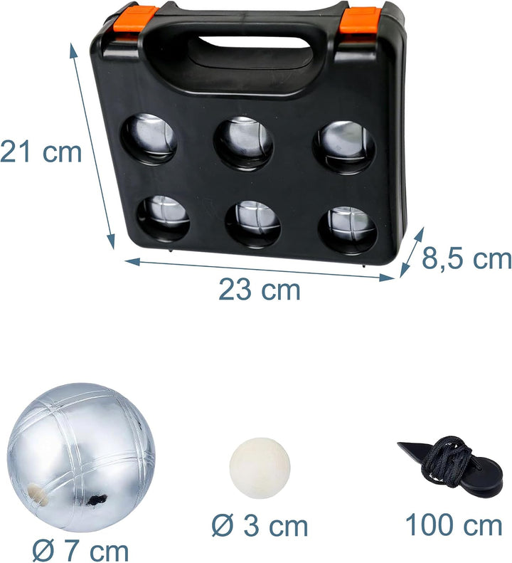Relaxdays Boule Kugeln, 6 Stahlkugeln, Set mit Zielkugel, Abstandsmesser &amp; Koffer, Boccia Spiel, sch