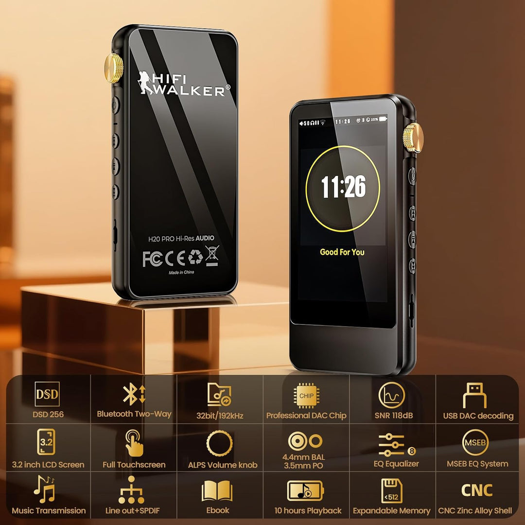 HIFI WALKER H20 Pro Hi-Res MP3 Player mit Bluetooth, 64GB microSD Karte, Lossless Musikplayer mit Du