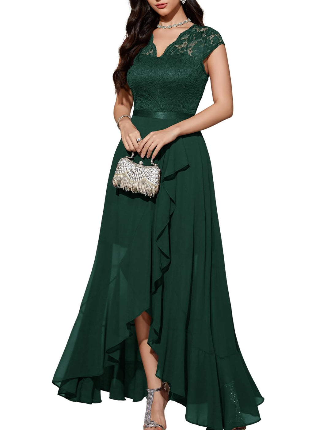 Bbonlinedress Abendkleider elegant für Hochzeit Spitzenkleid Chiffon Hi-Lo Kleid Brautjunferkleid Pa