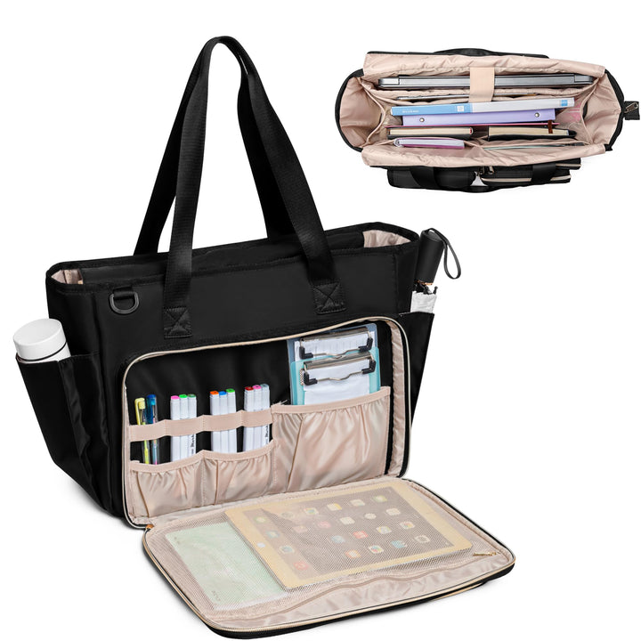 Fasrom Lehrertasche mit Laptopfach, Lehrer Arbeitstasche für Frauen, Schwarz, Schwarz