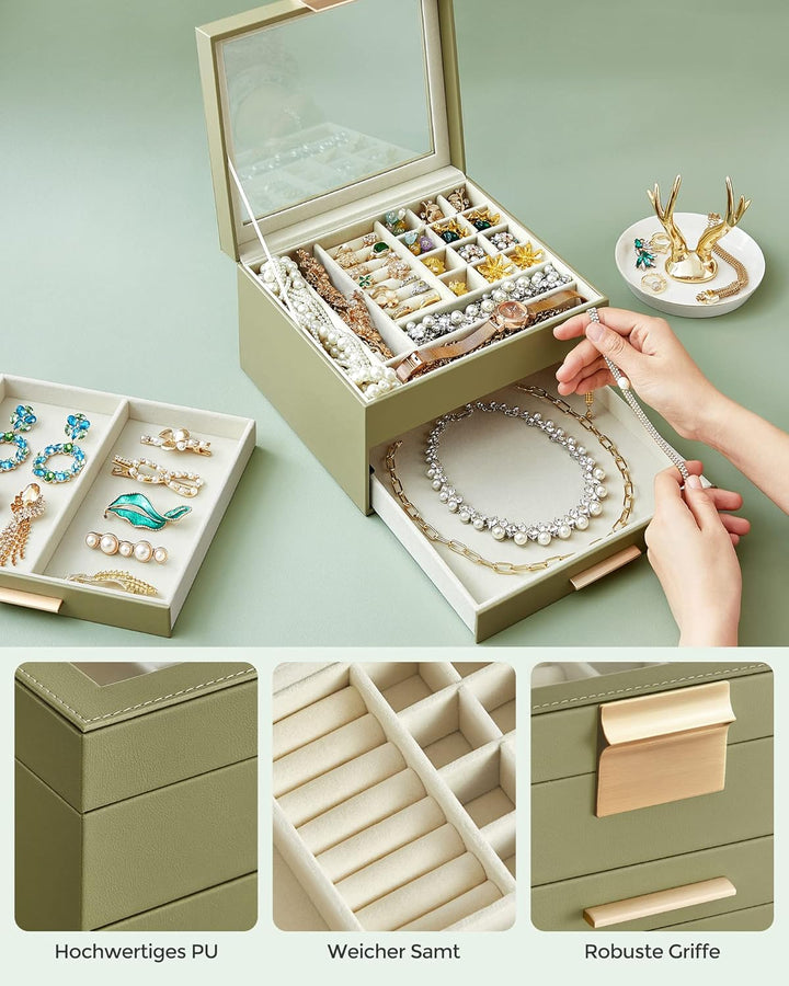 SONGMICS Schmuckkästchen, Schmuckkasten 3 Ebenen, Schmuckbox mit Glasdeckel, 2 Schubladen, Schmuckau
