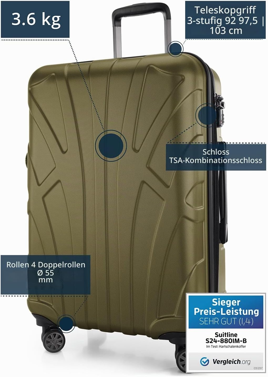 suitline Hartschalen-Koffer Koffer Trolley Rollkoffer Reisekoffer, TSA, 66 cm, ca. 58 Liter, 100% AB