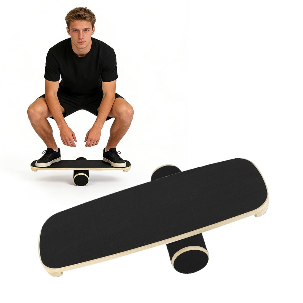 Balance Board, Holz-Gleichgewichtsboard mit verstellbaren Stoppern und Korkrolle – Ideal für Hockey,