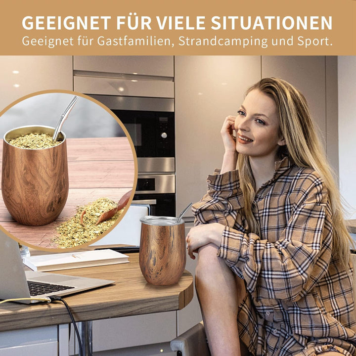 TELANKS Mate Becher, 340 ml Teetassen Set, Edelstahl doppelwand isolier Enthält Bombillas und eine R