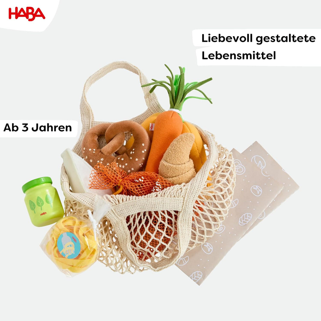 HABA Creative Play – Einkaufskorb – Spielzeug-Einkaufstasche mit Lebensmitteln aus Holz & Stoff – Zu