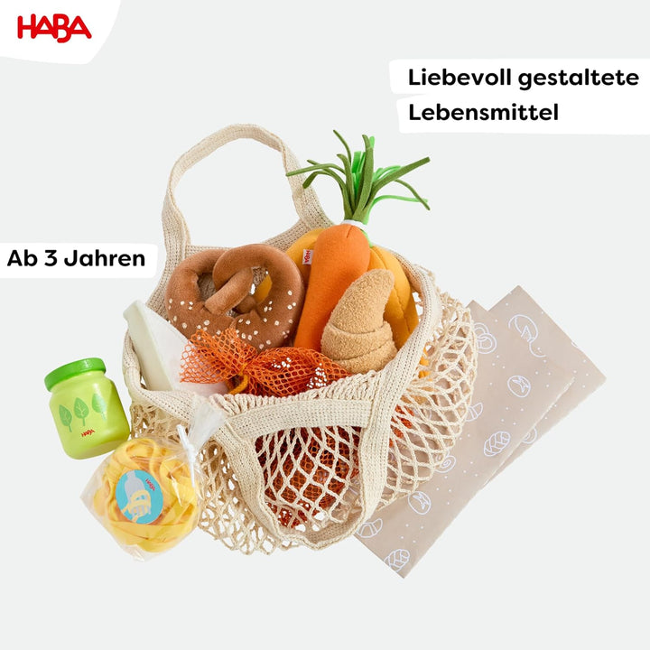 HABA Creative Play – Einkaufskorb – Spielzeug-Einkaufstasche mit Lebensmitteln aus Holz & Stoff – Zu