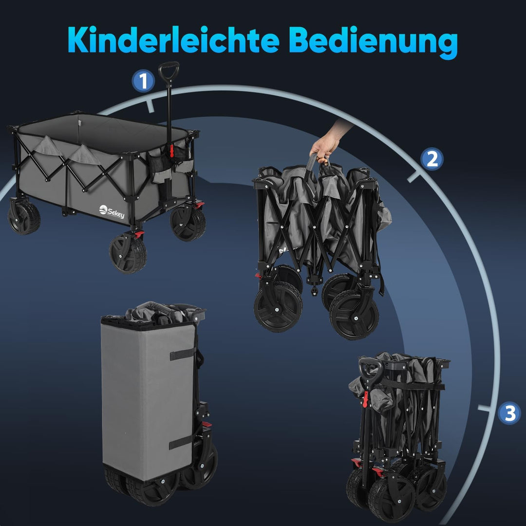 Sekey XXL Plus Bollerwagen Faltbar mit Bremsen 200L 200KG Belastbar, Extra Breite Reifen All Terrain