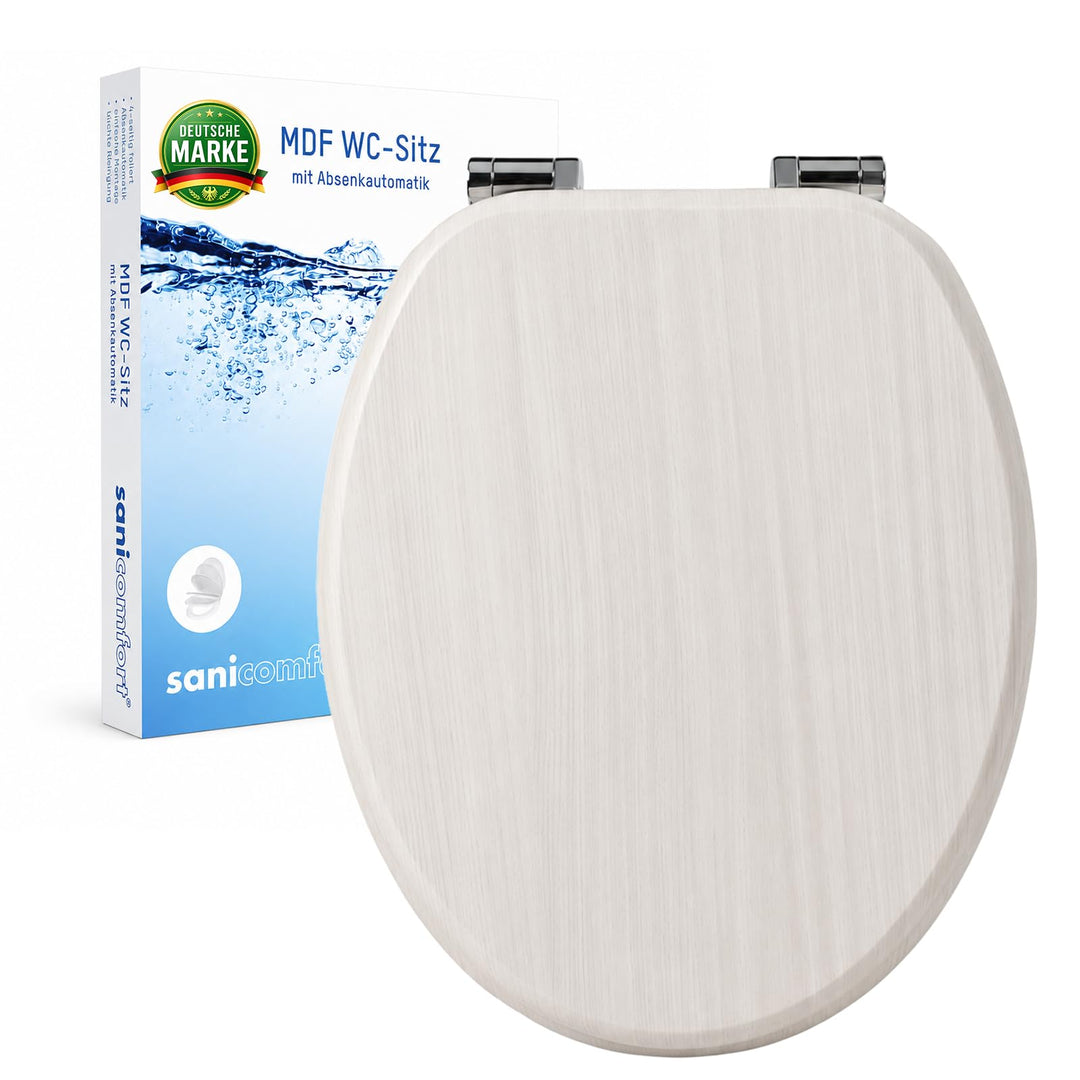 sanicomfort WC Sitz Wood white, MDF Holzkern, mit Absenkautomatik, Toilettensitz mit Klodecken, Klob