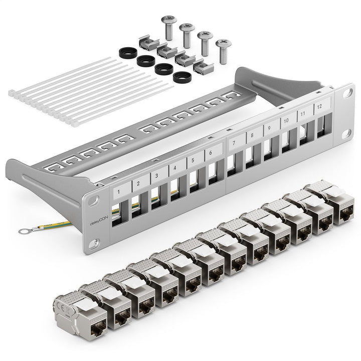 deleyCON 12 Port Patchpanel Set Patchfeld Modular 1 HE 10" Zoll Rackeinbau + 12x RJ45 Keystone Modul
