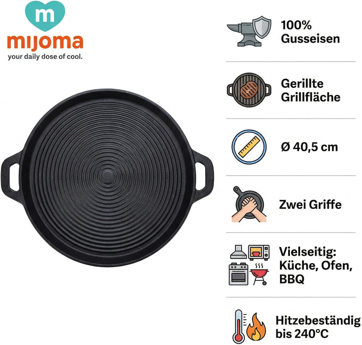 MIJOMA Grillpfanne 40,5 cm – für Fleisch Gemüse und Grillgerichte – Gusseisen mit Rillenstruktur – r