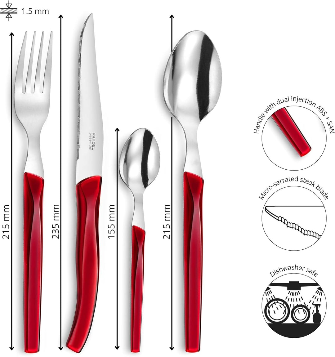 Lou Laguiole RISING SUN Besteck Set 6 Personen | 24-teilig | Rot glänzend | Essbesteck 6 Personen sp