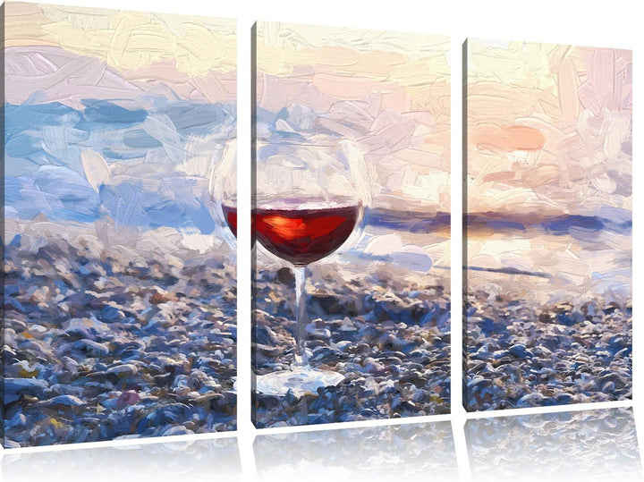 Pixxprint Weinglas am Steinstrand Pinsel Effekt 3-Teiler Leinwandbild 120x80 Bild auf Leinwand