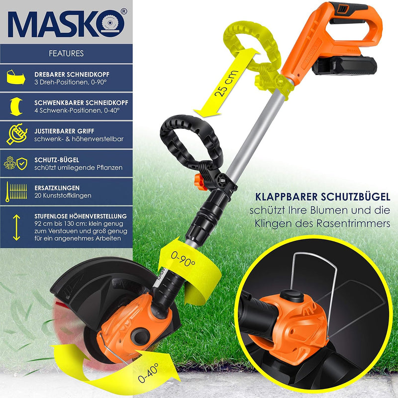 MASKO® Akku-Rasentrimmer mit 20 V Li-Akku, 2,0 Ah Akku und Ladegerät, Motorsense 26 cm Schnittkreis,