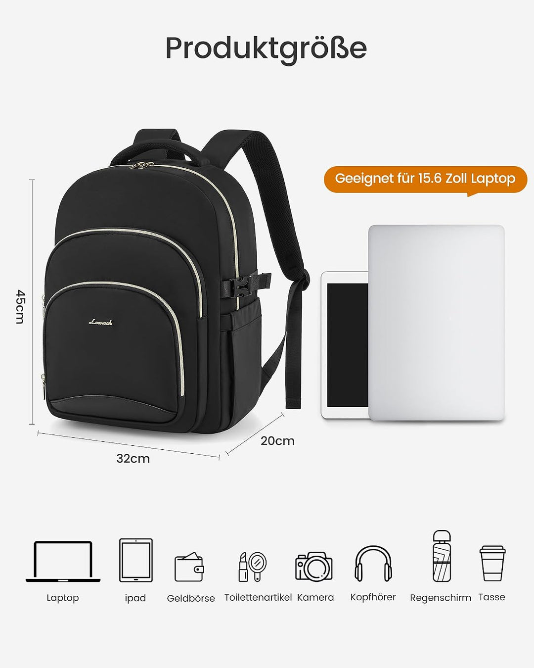 LOVEVOOK Rucksack Damen, 15,6 Zoll Laptop Schulrucksack Wasserdicht, Schultasche Teenager Backpack W