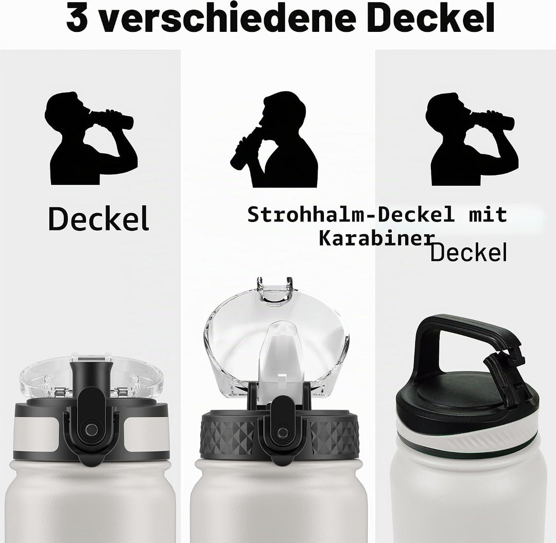 OLDLEY Edelstahl Trinkflasche mit Strohhalm 1L Isolierte flasche mit 3 Deckel Grosse Thermosflasche