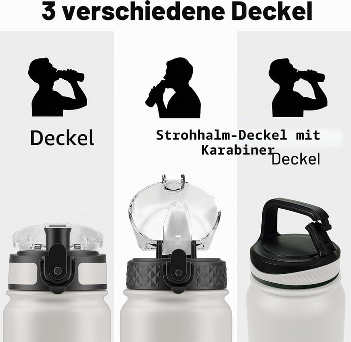 OLDLEY Edelstahl Trinkflasche mit Strohhalm 1L Isolierte flasche mit 3 Deckel Grosse Thermosflasche
