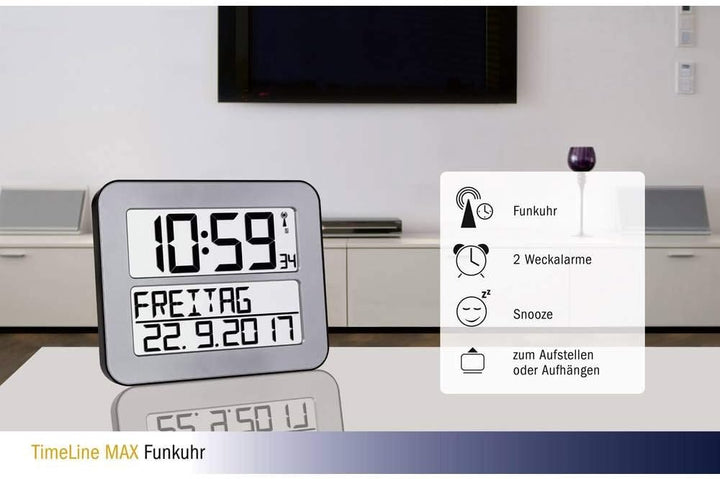 TFA Dostmann TimeLine Max Funk-Wanduhr, 60.4512.54, digital, übersichtliche Funkuhr, Seniorenuhr, De