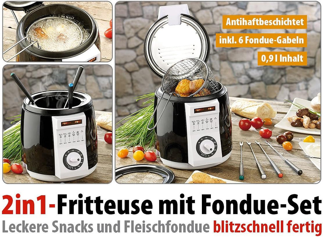 Rosenstein & Söhne Minifritteuse: 2er-Set kompakte Tisch-Fritteusen mit Fondue-Set, 0,9 Liter, 840 W