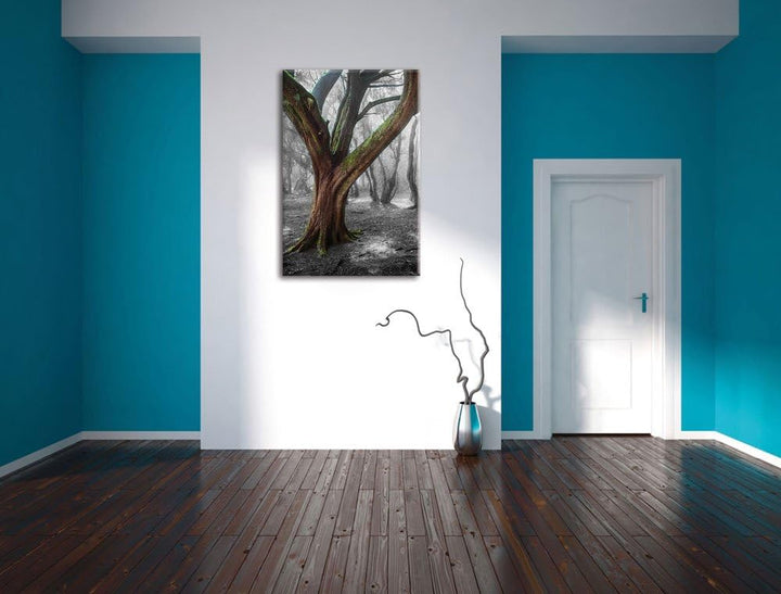 Pixxprint einsamer Baum in tristem Grau / 100x70cm Leinwandbild bespannt auf Holzrahmen/Wandbild Kun