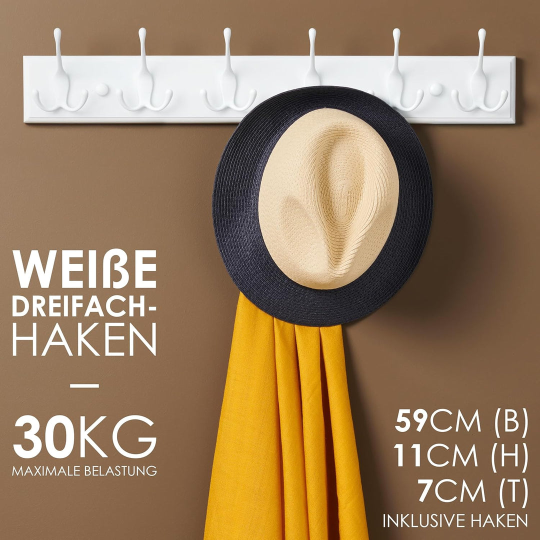 LARHN Garderobenhaken Weiss - Garderobenleiste Weiss mit 6 Haken - 59 cm - Kleiderhaken Wand - Wandg