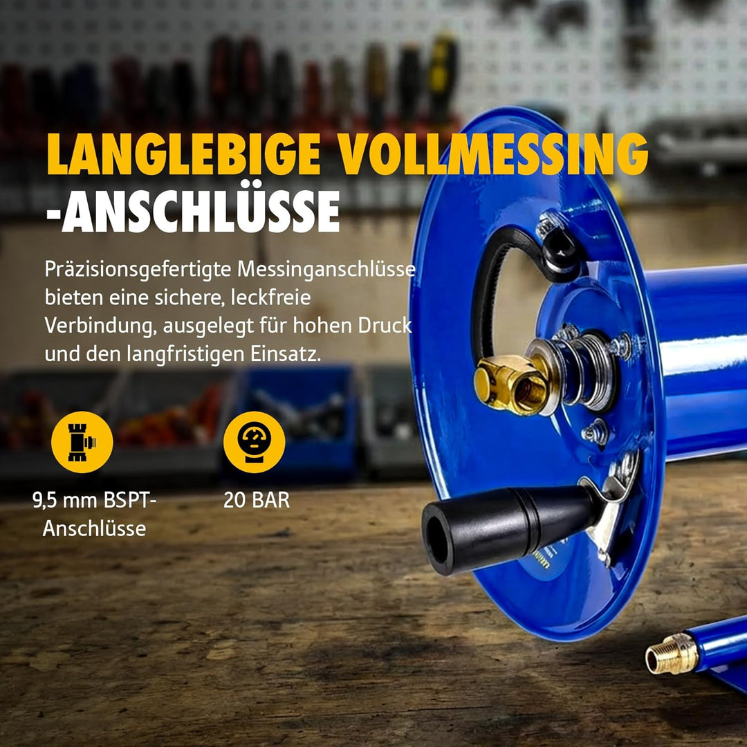 Goodyear Druckluft-Schlauchaufroller mit Handkurbel 30 m x 9,5 mm – Manuelle Schlauchtrommel aus Sta