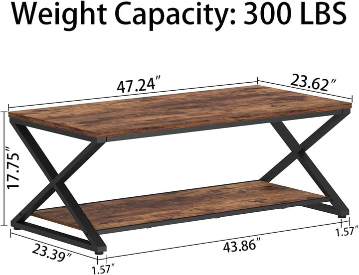 HSH Braun Couchtisch mit Ablage, industrieller Metall-Holz-Wohnzimmertisch, Bauernhaus, minimalistis