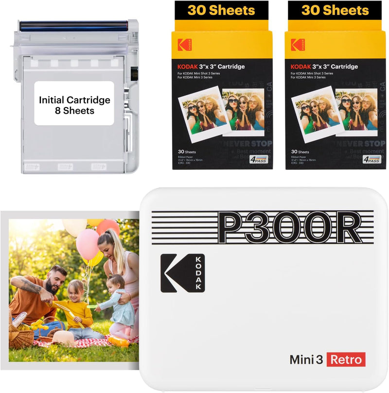 KODAK Mini 3 Retro 4PASS Fotodrucker, tragbar (7,6 x 7,6 cm) – Paket mit 68 Blättern, Weiss Impriman