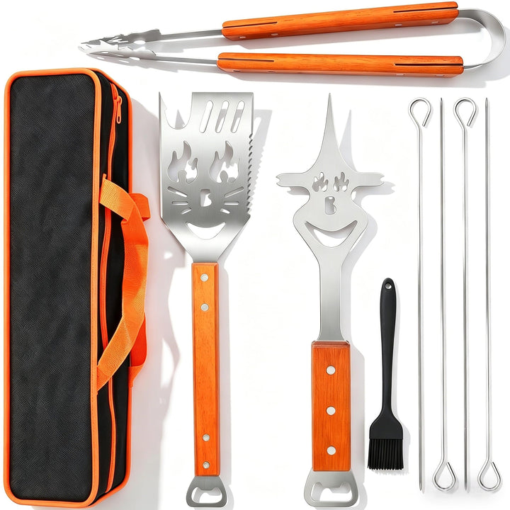 7-in-1 Grillbesteck Set 9-TLG Edelstahl mit Holzgriff Eingebaute Grillspachtel Set Funktion, Kreativ