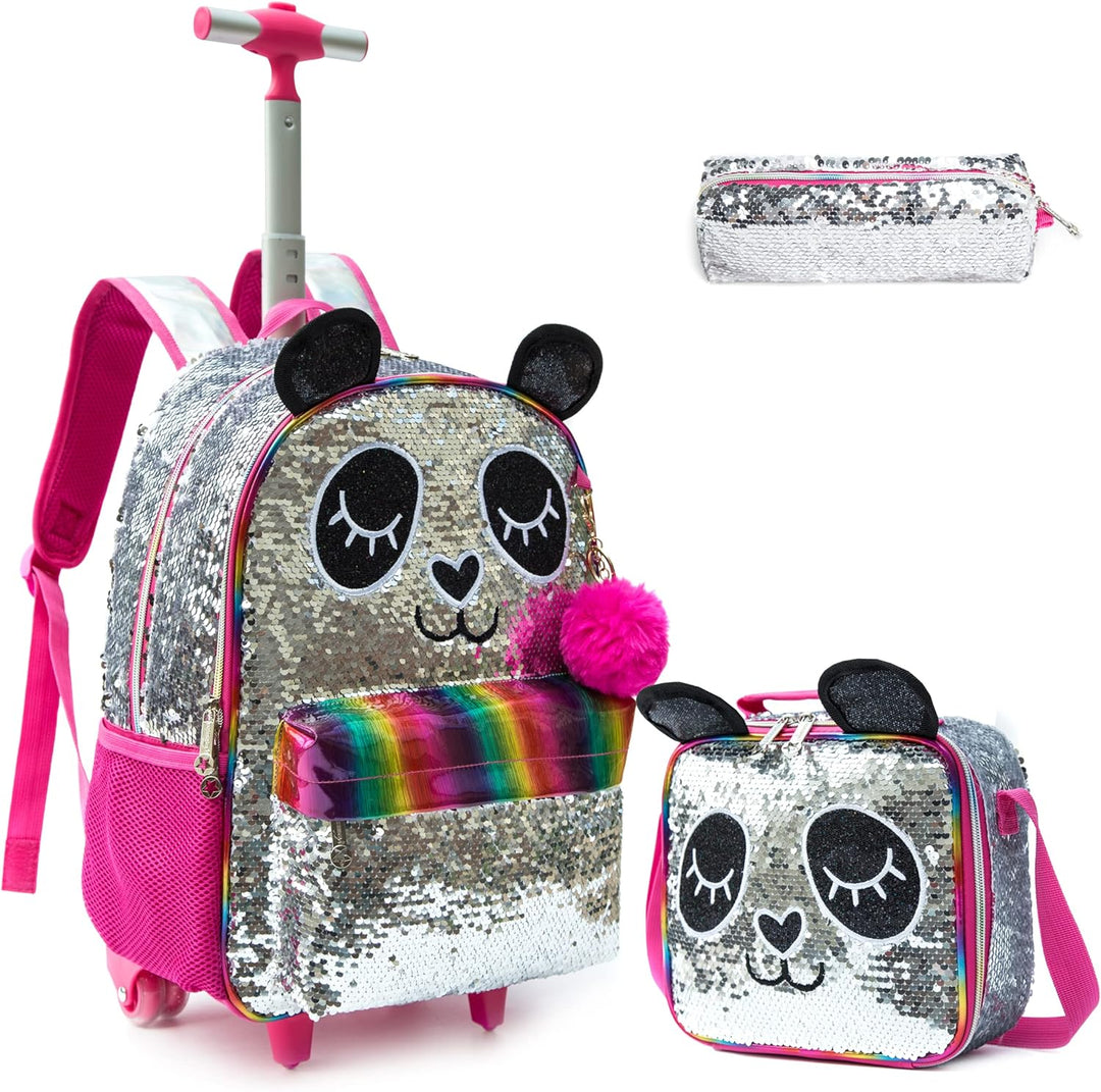 Rucksack Mädchen Schulranzen Trolley Silber Rot Panda Pailletten Trolley Rucksack Schulrucksack Teen