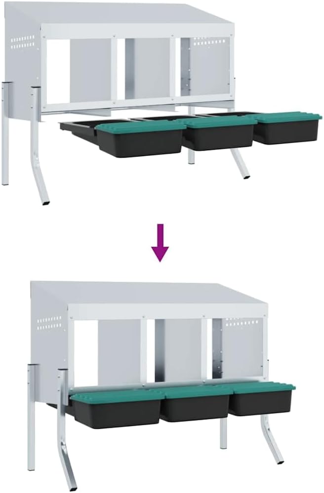 Hühner-Nistkasten mit 3 Fächern, verzinkter Stahl, höhenverstellbare Beine, für Innen- und Aussenber