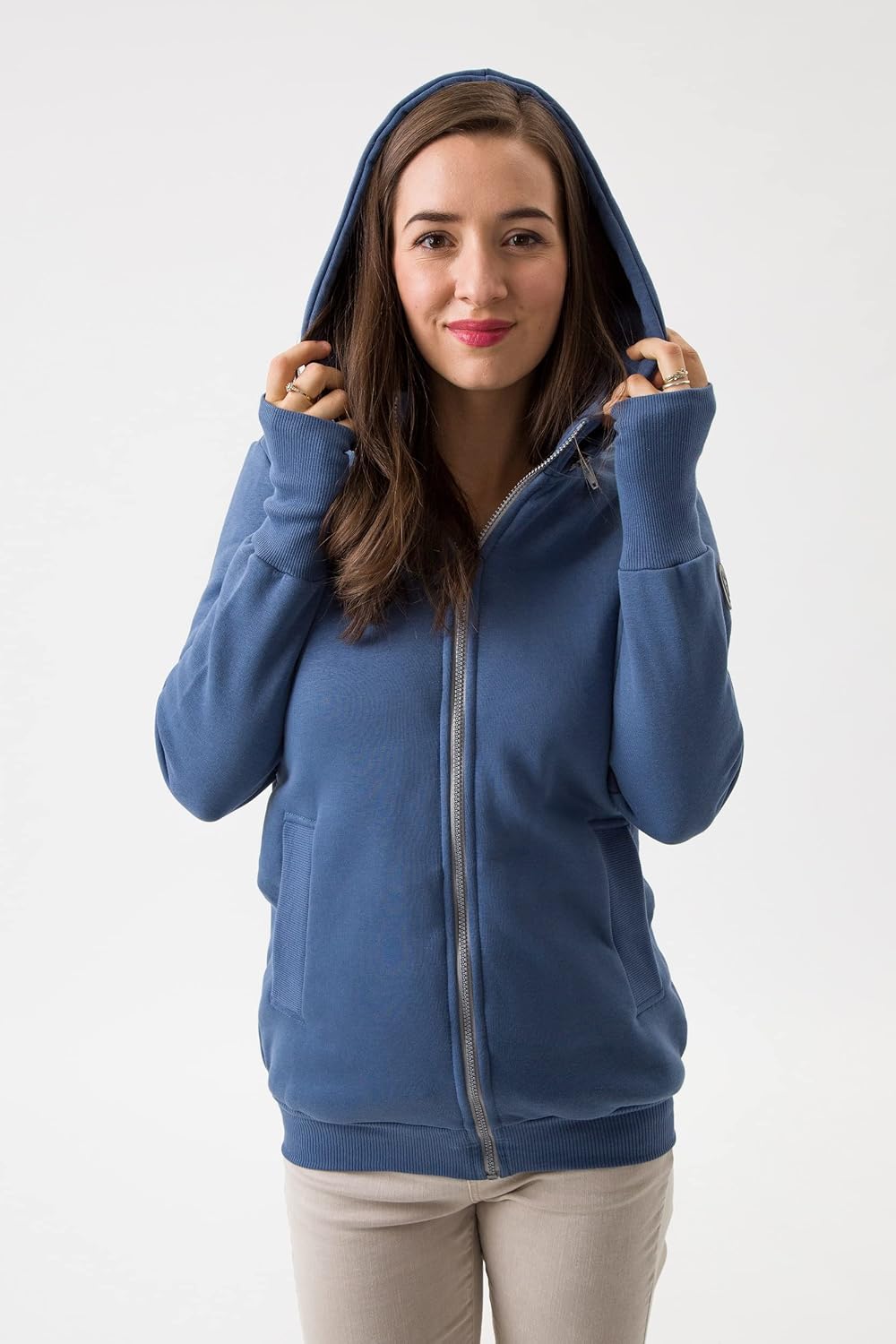 fun2bemum Pola 4in1 Baby Tragejacke für Mama Känguru Kapuze VORNE/HINTEN S Jeans Blau, S Jeans Blau