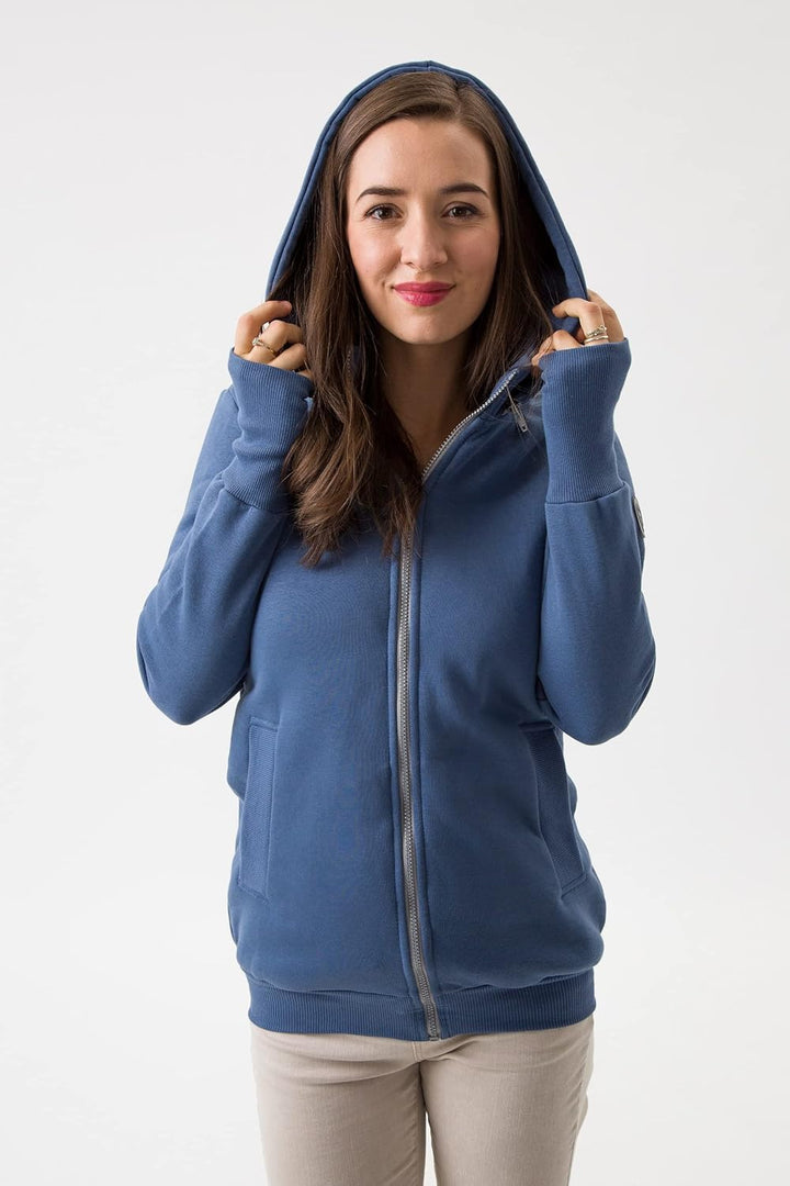 fun2bemum Pola 4in1 Baby Tragejacke für Mama Känguru Kapuze VORNE/HINTEN S Jeans Blau, S Jeans Blau