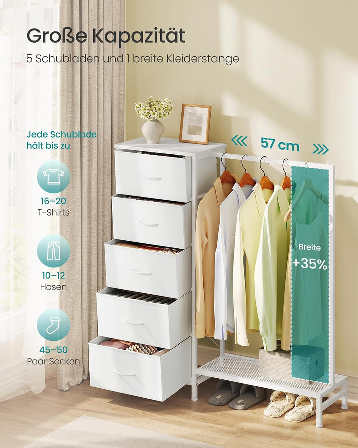 SONGMICS Kommode mit 5 Stoff Schubladen und Kleiderstange, Garderobenständer mit Kleiderstange und S