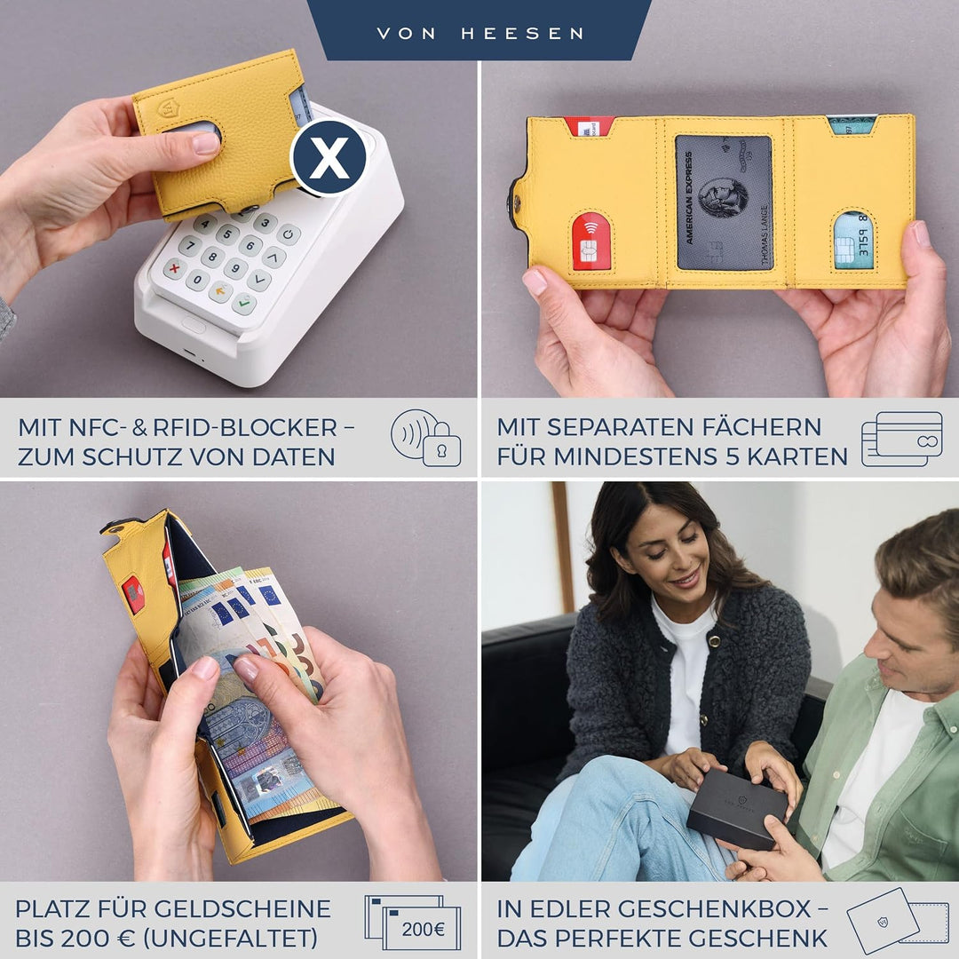 VON HEESEN Slim Wallet mit XL Münzfach &amp; RFID Schutz - Leder Geldbörse Herren klein - Mini Geldbeute