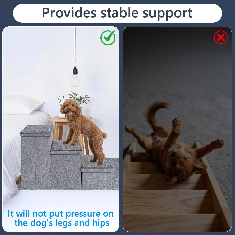 AKOZLIN Hundetreppe mit Stauraum, Haustierleiter, Haustiertreppe für kleine bis grosse Hunde 3 Stufe