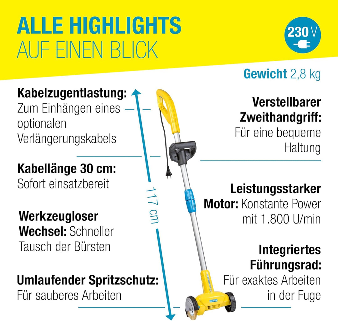 GLORIA Fugenreiniger WeedBrush | Elektrischer Fugenkratzer | Unkrautbürste | Zwischen Terrassenplatt