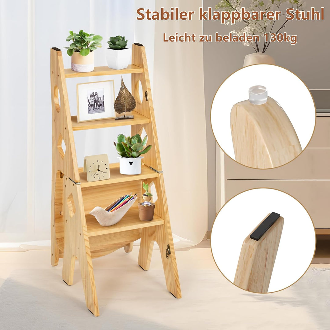 Klappbar Bibliotheksstuhl Stuhl Aus Massivholz, Faltbar 4 Stufen Hocker, Klappstuhl Tritthocker bis