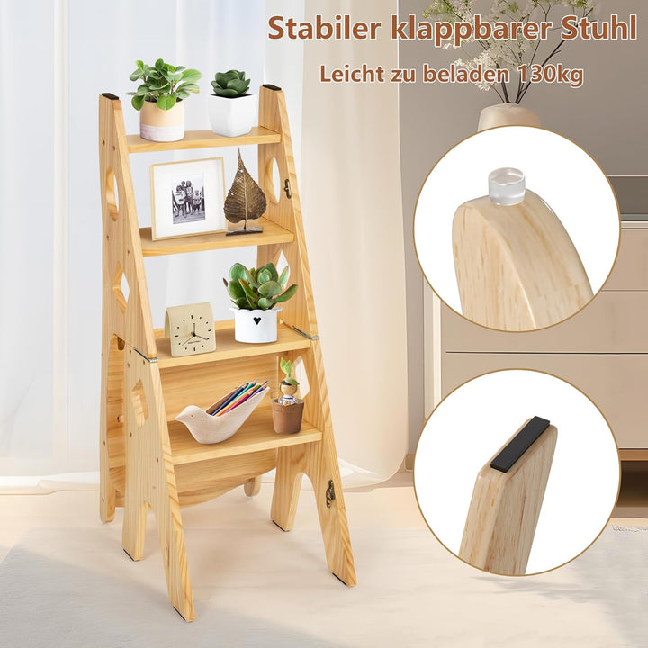Klappbar Bibliotheksstuhl Stuhl Aus Massivholz, Faltbar 4 Stufen Hocker, Klappstuhl Tritthocker bis