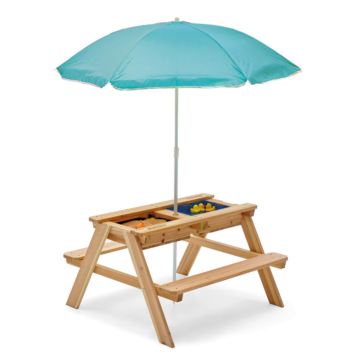 Plum Play Surfside Junior Sand und Wasser 3-in-1 Aktivitäts-Spiel-Picknicktisch mit Sonnenschirm, ab