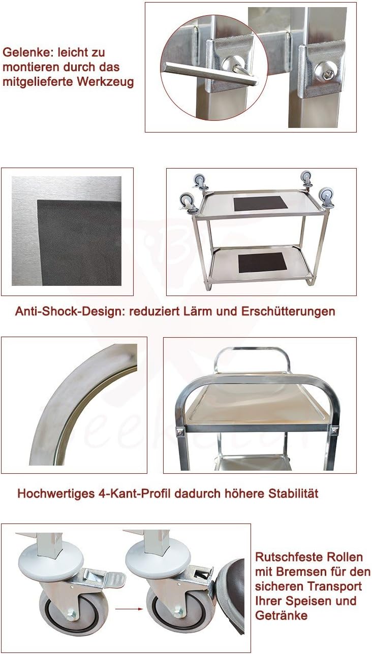 Beeketal 'BSW-2a' Edelstahl Servierwagen Transportwagen mit 2 Böden und Kantrohrgestell (belastbar b