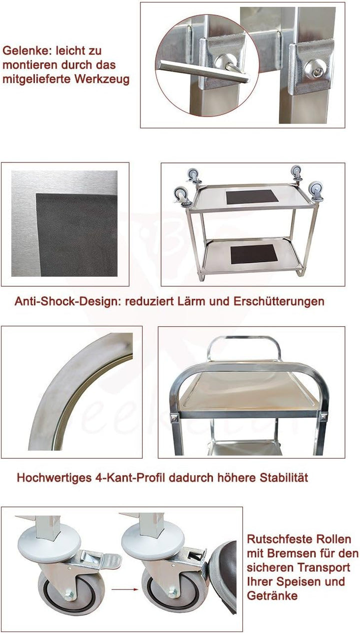 Beeketal 'BSW-2a' Edelstahl Servierwagen Transportwagen mit 2 Böden und Kantrohrgestell (belastbar b