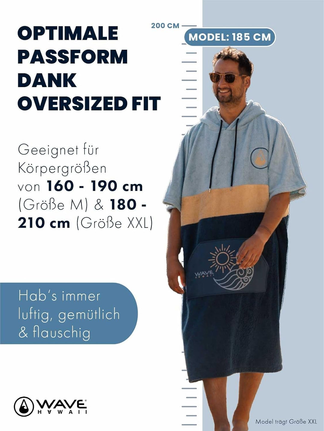 WAVE HAWAII Barravento Surfponcho für Körpergrössen 160-190 cm Poncho 100% ÖKO Baumwolle Velours Umk